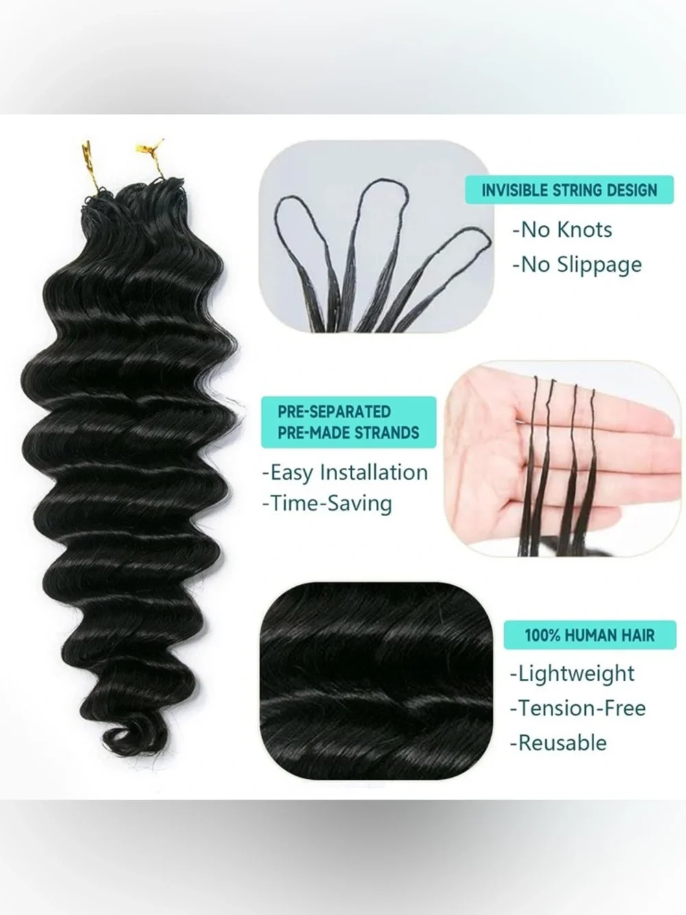 HUMAN HAIR Black Loose Deep Wave Crotchet Hair  Miracle Knots- Natural Black